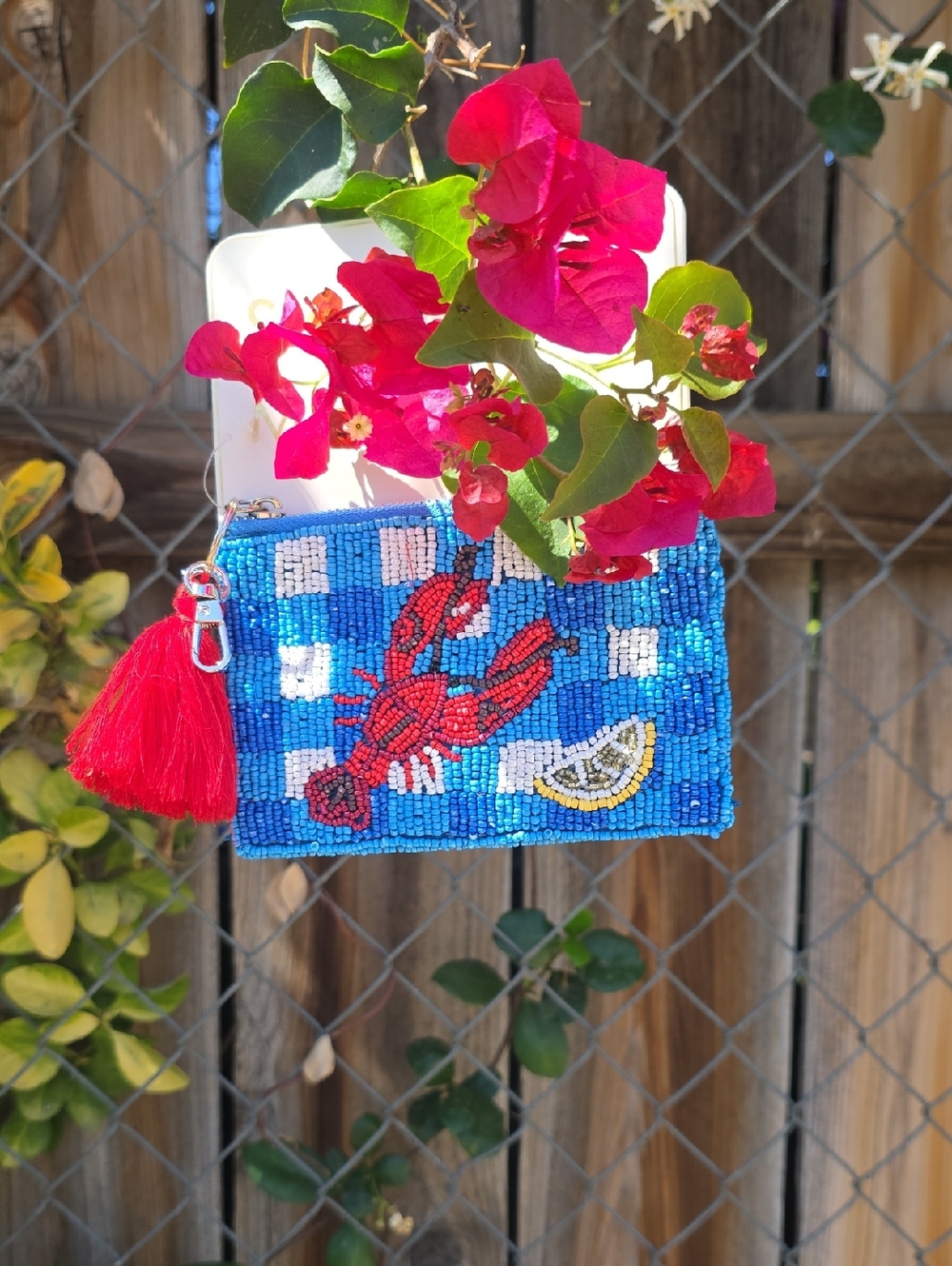 Hand-Beaded Blue Lobster Coin Purse with Red Tassel